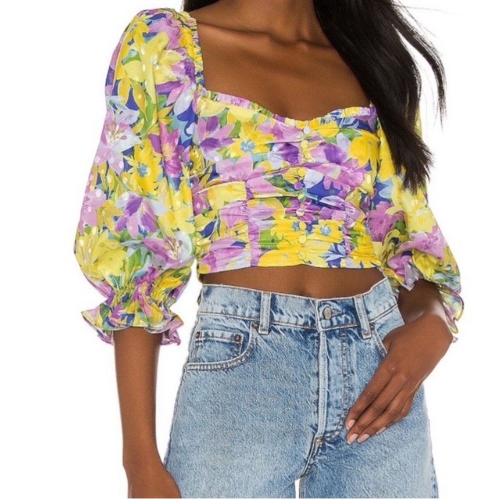 For love and lemons yellow and purple floral top